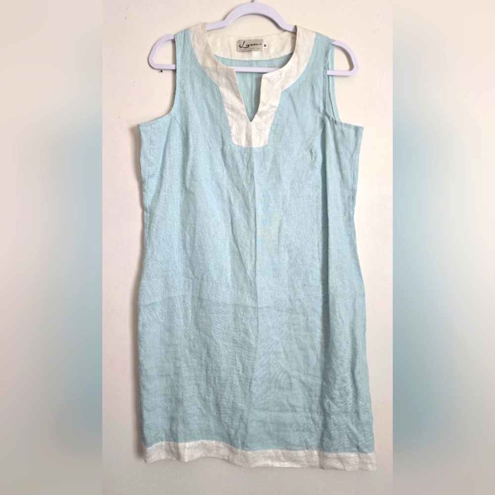 Women's iLinen Lifestyle V-Neck 100% Linen Shift Dress Medium Nantucket Costal